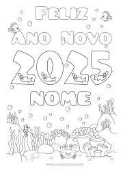 Desenho grátis Mar Feliz Ano Novo Peixe Cavalo-marinho Caranguejo Animais marinhos ou aquáticos 2025 Mensagem de 