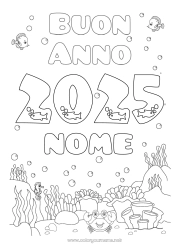 Colorazione gratuita Mare Buon Anno Pesce Cavalluccio marino Granchio Animali marini o acquatici 2025 Messaggio 