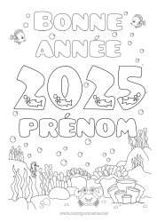 Dessin gratuit Mer Bonne année Poisson Hippocampe Crabe Animaux marins ou aquatique 2025 Message 