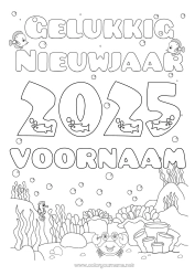 Gratis kleurplaat Zee Gelukkig Nieuwjaar Vis Zeepaardje Krab Zeedieren 2025 Nieuwjaarsboodschap Aanpasbaar jaar