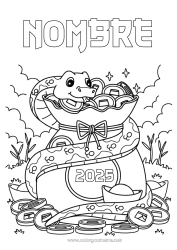 Colorear gratis Año Nuevo chino Serpiente Reptiles Tesoro Monedas 2025