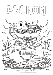 Coloriage gratuit Nouvel An chinois Serpent Reptiles Trésor Pièces 2025