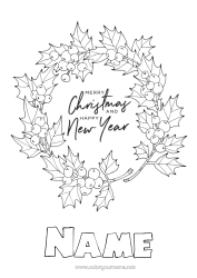 Colouring to customise Christmas Happy New Year Holly Mistletoe Crown "Happy New Year" "Merry Christmas" Message