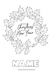 Free coloring Christmas Happy new year Holly Mistletoe Crown 