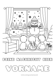 Malvorlage anpassen Schnee Winter Schneemann Kind Fenster