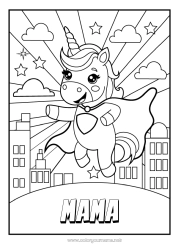 Kleurplaat voor kinderen Eenhoorn Held Dier Draken, eenhoorns en fantastische dieren Stadsgezicht Superbadge