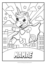 Página de desenho infantil Unicórnio Herói Animal Dragões, unicórnios e animais fantásticos Paisagem urbana Emblema super
