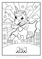 Child coloring page Unicorn Hero Animal Dragons, unicorns and fantastic animals City ??landscape Super badge