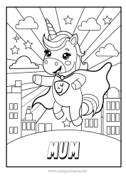 Free colouring Unicorn Hero Animal Dragons, unicorns, and fantastical creatures Cityscape Super badge