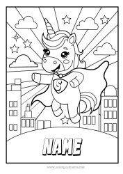 Free coloring Unicorn Hero Animal Dragons, unicorns and fantastic animals City ??landscape Super badge