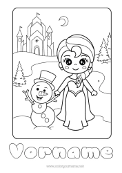 Kostenlose Malvorlage Winter Schneemann Prinzessin Cartoon Berühmte Prinzessin