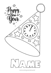 Free colouring Party Happy New Year Hat Clock