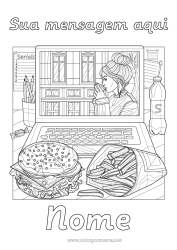 Desenho grátis Menina Irmã Bebida Refrigerante Colorações Complexas Hambúrguer Batatas fritas Computador