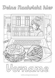 Malvorlage anpassen Mädchen Schwester Getränk Soda Komplexe Ausmalbilder Hamburger Pommes Computer