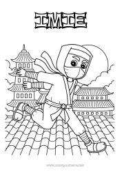 Kolorowanka do personalizacji Bohater Japon Chiny Ninja Pagoda