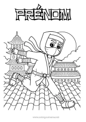 Coloriage gratuit Héros Japon Chine Ninja Pagode