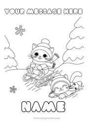 Colouring to customise Sport Cat Snow Winter Cute Sledge Animal Dogs And Cats Winter Sports Winter Hat
