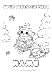 Free coloring Sport Cat Snow Winter Kawaii Sled Animal Dog and cat Winter Sports Winter Hat
