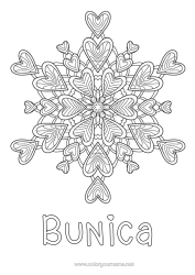 Pagină de colorat gratuită Inimă Mandala Te iubesc. Fulgi de zăpadă