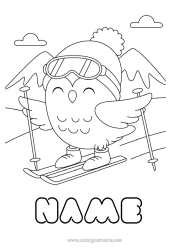 Colouring to customise Sport Snow Bird Owl, Tawny Owl Animal Birds And Flying Mammals Ski Winter Sports Mountain
