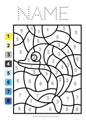 Free coloring Number Coloring by numbers Children's activities Animal Dolphin Easy coloring pages Marine or aquatic animals