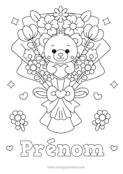 Coloriage gratuit Fleurs Coeur Kawaii Nounou Jeux et jouets Peluche Bouquet