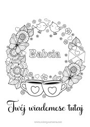 Kolorowanka za darmo Kwiaty Serce Ptak Wiosna Kubek Motyl Napój Owady Ptaki i latające ssaki