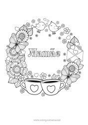Página de desenho infantil Flores Coração Pássaro Primavera Caneca Borboleta Bebida Insetos Pássaros e mamíferos voadores
