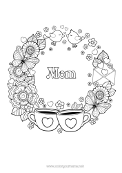 Child coloring page Flowers Heart Bird Spring Mug Butterfly Drinks Insects Flying birds and mammals