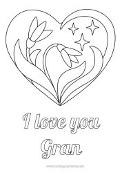 Free colouring Flowers Heart I love you. Big heart Stars