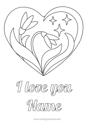 Colouring to customise Flowers Heart I Love You. Big Heart Stars
