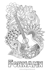 Färgläggningssida att anpassa Blommor Musik Zentangle Musikens dag Gitarr Musikinstrumenter