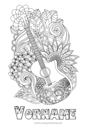 Kostenlose Malvorlage Blumen Musik Zentangle Musikfest Gitarre Musikinstrumente