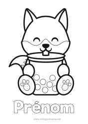 Coloriage gratuit Loup Mignon Kawaii Renard Animal Thé Boisson Coloriages faciles Animaux de la forêt Bubble tea