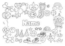 Coloring to customize Sport Party Clown Rainbow Hat Popcorn Treats Symbols Circus