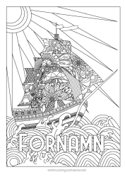 Gratis färgläggning Sol Fordon Båt Komplexa målarbilder Zentangle Marina fordon