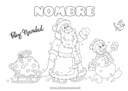 Colorear gratis Papá Noel Muñeco de nieve Navidad Capucha Trineo Mensaje “Feliz Navidad”