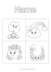 Free coloring Magic pot Children's activities Clover Ireland Horseshoe Saint Patrick's Day Rainbow Symbols Currency coins Educational Flashcards
