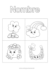 Colorear gratis Caldero mágico Actividades para niños Trébol Irlanda Herradura Día de San Patricio Arcoíris Simbolos Monedas Tarjetas Educativas