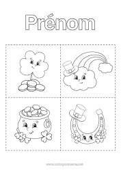 Coloriage gratuit Chaudron magique Activités enfants Trèfle Irlande Fer à cheval Fête de la Saint Patrick Arc en ciel Symboles Pièces Flashcard éducatives