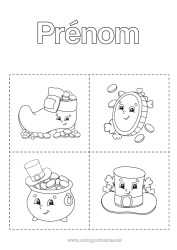 Coloriage gratuit Chaudron magique Chance Fête de la Saint Patrick Chapeau Symboles Coloriages faciles Chaussure Pièces Flashcard éducatives