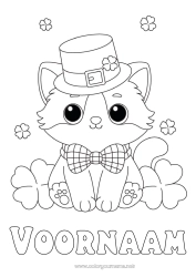 Gratis kleurplaat Kat Kawaii Dier Klaver Saint Patrick's Day Hoed Honden en katten