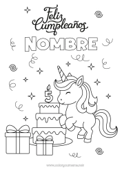 Colorear gratis Tarta Regalos Cumpleaños Kawaii Unicornio Animales Mensaje de feliz cumpleaños (inglés) Edad personalizable Dragones, unicornios y animales fantásticos