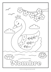 Colorear gratis Primavera Animales Corona Cisne Aves y mamíferos voladores Cerezo