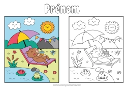 Coloriage gratuit Animal Boisson Autres animaux du monde Parasol Transat Coloriage avec modèle Capibara