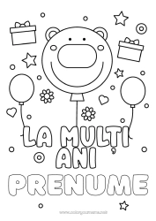 Pagină de colorat personalizată Urs Cadouri Aniversare Baloane Animal Desene de colorat ușoare La mulți ani! Animale din pădure
