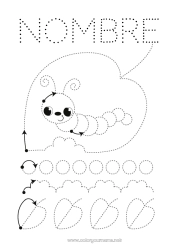 Dibujo libre Primavera Animales Hojas Dibujos fáciles para colorear Trazo y color Insectos Oruga Ficha de grafismo para educación infantil