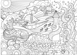 Gratis färgläggning Val Hav Båt Zentangle Marina djur eller vattenlevande djur Fyr Marina fordon Vågor