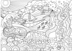 Gratis farvelægning Hval Hav Båd Zentangle Havdyr eller vandlevende dyr Fyrtårn Søfartøjer Bølger