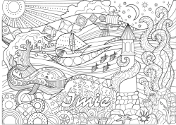 Kolorowanka za darmo Wieloryb Morze łódź Zentangle Zwierzęta morskie lub wodne Latarnia morska Pojazdy morskie Fale